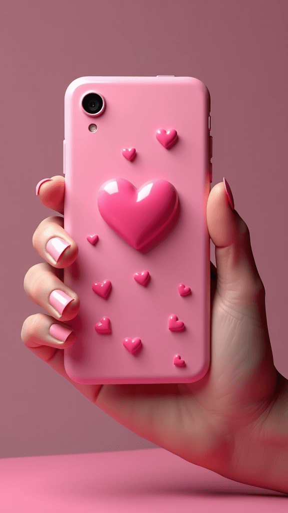 A hand holds a pink phone case decorated with raised pink hearts.