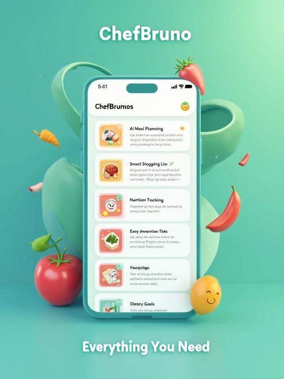 Feature overview screenshot for ChefBruno. Uses YAZIO style with a turquoise gradient background. Displays a phone showing various features with cute food icons. Features include AI Meal Planning, Smart Shopping Lists, Nutrition Tracking, Family Sharing, Recipe Discovery, and Dietary Goals. Each feature described clearly. Includes the text 'Everything You Need' in large white font at the bottom and 'All-in-One Solution' in white accent text. The design is clean and organized with a minimum resolution of 1080px and a 9:16 ratio.