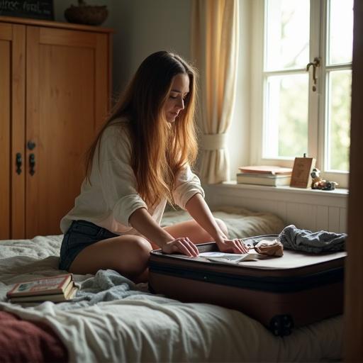 A woman is packing a suitcase in a modest bedroom. She is dressed in casual clothes. The room features a bed and an old wardrobe. Natural light enters through the window. She appears calm and focused. Personal items are scattered around.