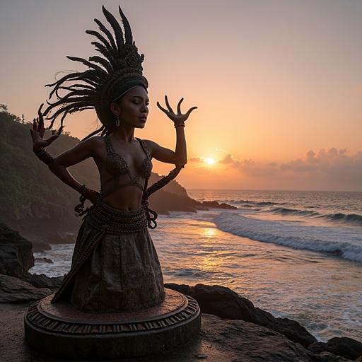 Danza Kecak balinesa en los acantilados de Uluwatu al atardecer. Silueta de una bailarina frente al océano. Cielo naranja y azul.