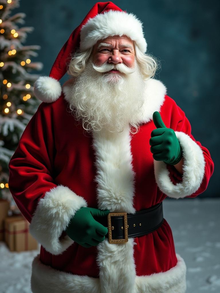 Santa Claus with a big spoon standing and giving a thumbs up. Traditional Christmas attire. Winter scene with decorations.