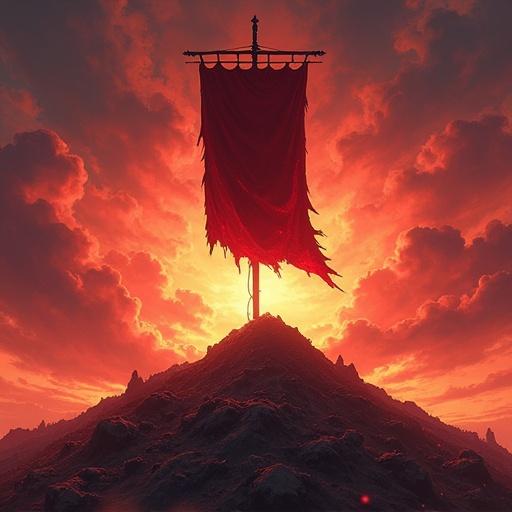 Anime style featuring a tattered fiery vertical banner on an iron-black flagpole atop a mountain of corpses. The sky is aflame with clouds in darker warm colors.