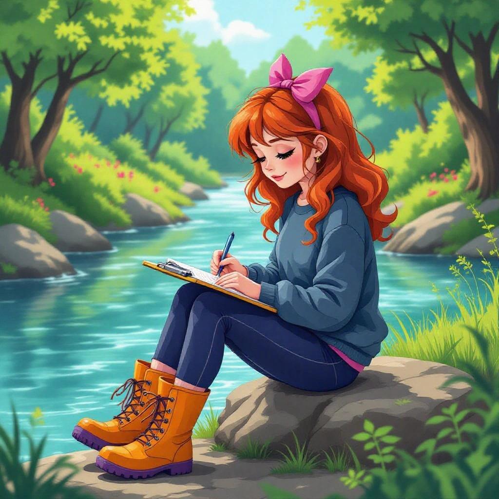 Illustration of a girl with red hair and a pink bow. She visits a river on a school field trip. Sitting on a rock, she writes on a clipboard. Dressed in navy blue track outfit and orange wellies. Bright nature background with trees and water.