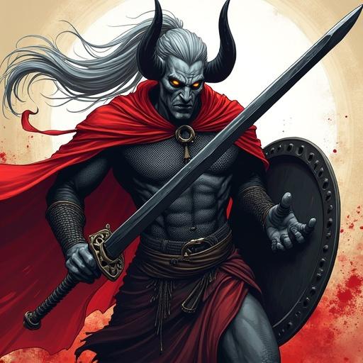 Tall imposing male tiefling mid-swing with black longsword. Ash-gray skin. Amber glowing eyes. Long silver hair in high ponytail. Sleek black curved horns. Wearing chainmail shirt and red cloak. Shield on back. Blood splashing around. Dynamic action pose. Intense lighting. Comic book style.