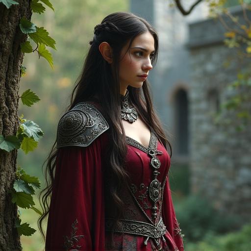 Elf girl druid with vampire features wearing dark red medieval tunic with intricate details stands by a stone castle surrounded by nature