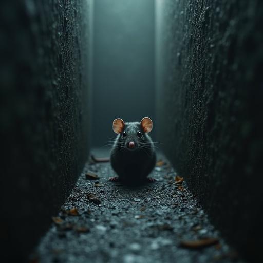Rat positioned in a maze with dark lighting. Realistic style with a focus on the environment.