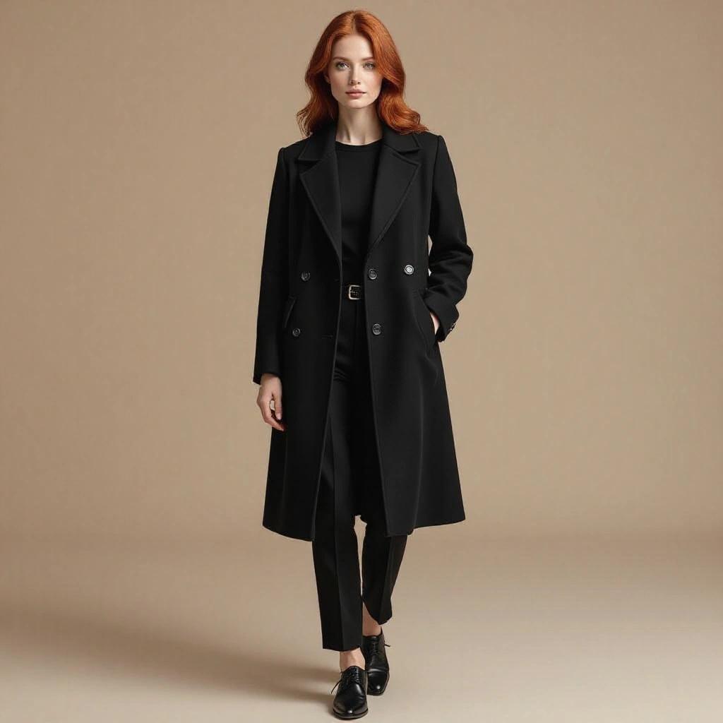 A woman stands gracefully in a black overcoat. She wears black tailored pants and shoes. The background is neutral. The lighting is soft and even, highlighting the textures of the outfit.