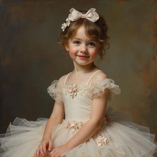 A joyful child in a ballet costume, reminiscent of 1900s painting styles, featuring soft colors and a smiling expression.