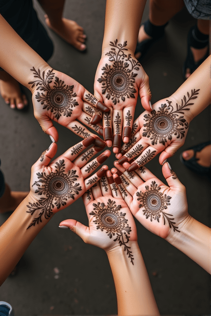 Six hands arranged in a circle display intricate henna designs.