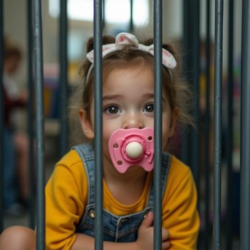 Child is sitting in a small cage. The setting is a classroom during recess. The child has a large pacifier in the mouth. The background is blurred to suggest a crowded classroom. The child is in a relaxed pose.