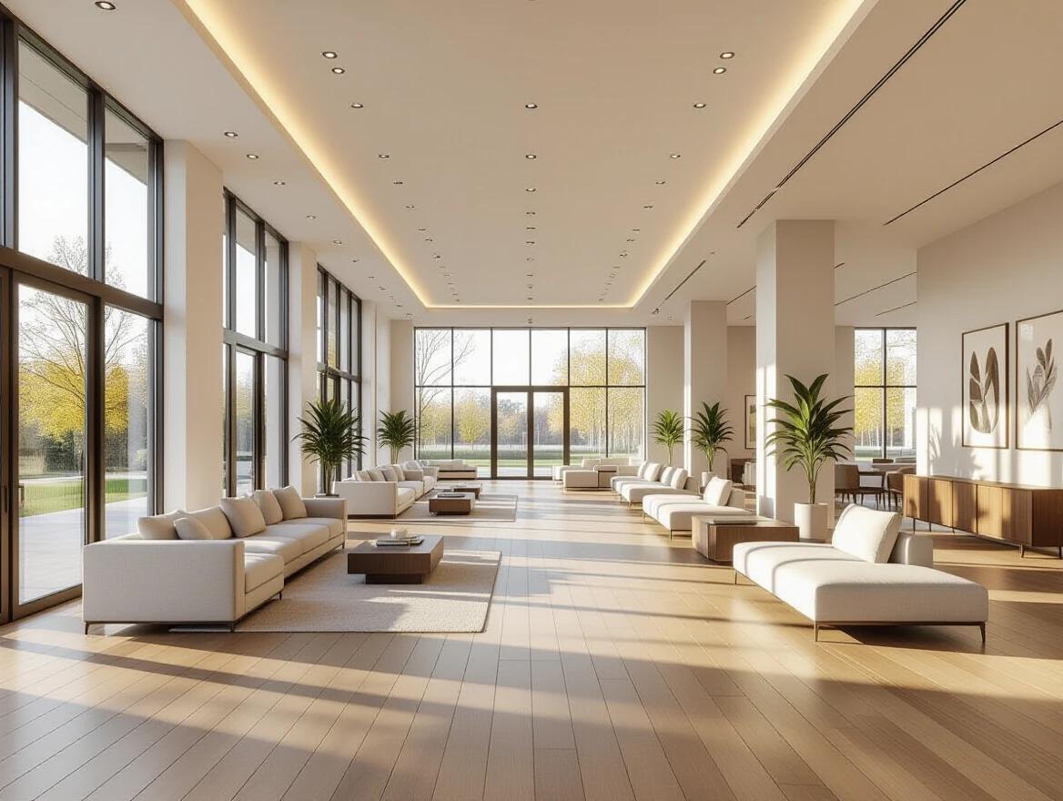Large multipurpose hall interior with straight walls. Elegant floor-to-ceiling glass windows on the left. Soft natural light filling the space. Smooth seamless wooden flooring throughout. Modern flat ceiling with clean recessed lighting. Luxurious low-profile sofas arranged neatly. Wide open layout with minimal clutter. Warm ambient lighting creating a welcoming glow. Upscale yet minimalist design for gatherings and events. Photorealistic 8k rendering showcasing textures. Calm and sophisticated atmosphere with natural color palette.