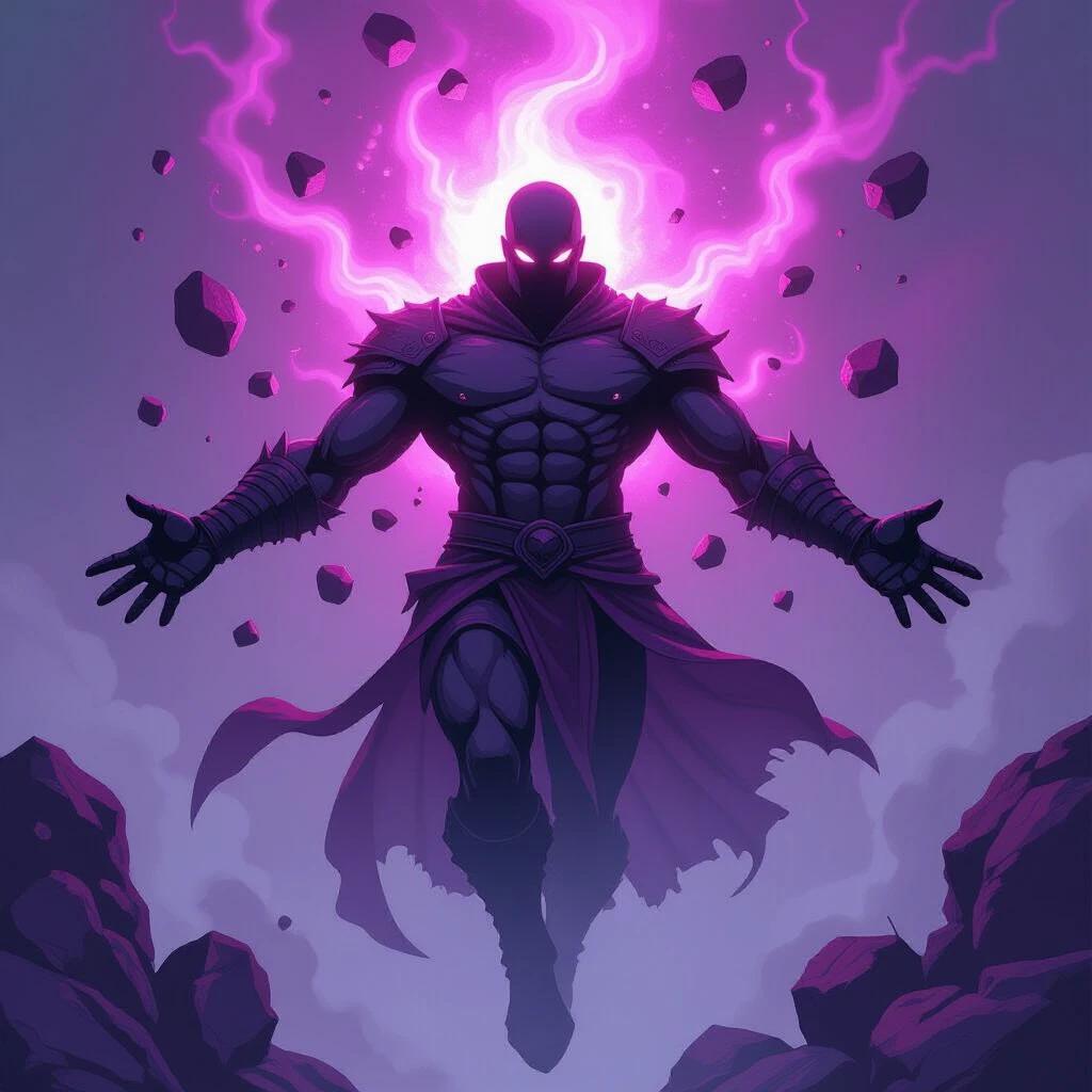 Energy in purple interlinks stones forming a floating creature. It has no legs and arms like stone swords. Surrounded by a purple aura. HQ style, comic book cover art.