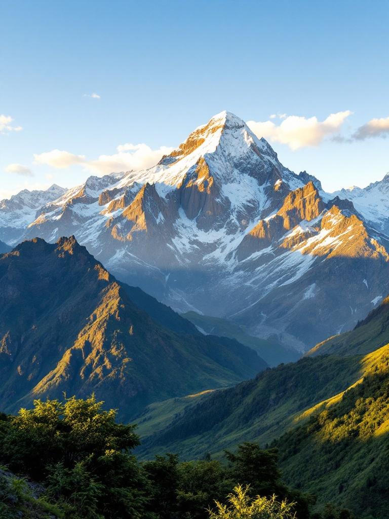 A breathtaking view of the Himalayas during a summer day at golden hour. Snow-capped peaks glow with sunlight. Pink and purple hues fill the sky. Mountains in the foreground create depth.