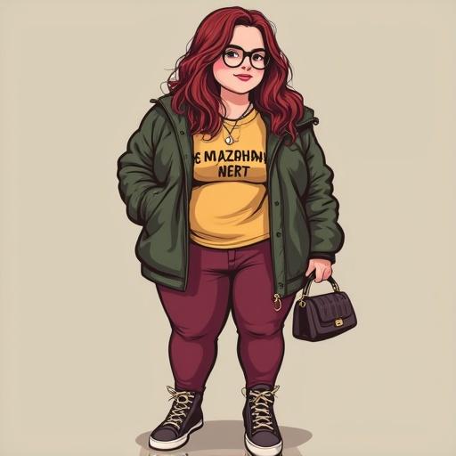 Illustration of a plus-size girl wearing a trendy outfit featuring a green jacket, yellow shirt, and purple pants. Accessories include a handbag and stylish sneakers. She has long red hair and glasses.