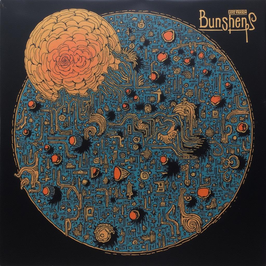 Complex futuristic art for a music album cover featuring intricate patterns and a bright sun-like element. Text includes 'Breathing Low.'