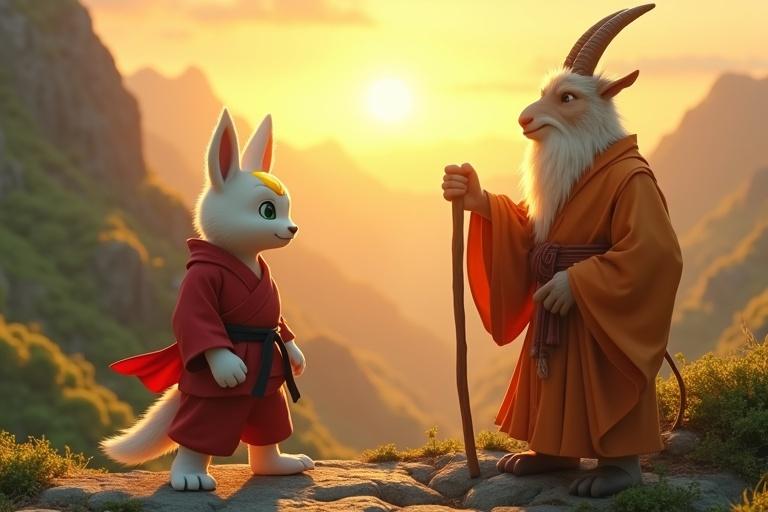 Ultra-HD cinematic scene with Kittuu the fox in a red karate gi with black belt standing on a mountain peak at sunrise. Elder goat Mahaguru wears orange-white robes and holds a carved staff. The landscape is lush with green cliffs illuminated by golden light. The moment captures growth and interaction.