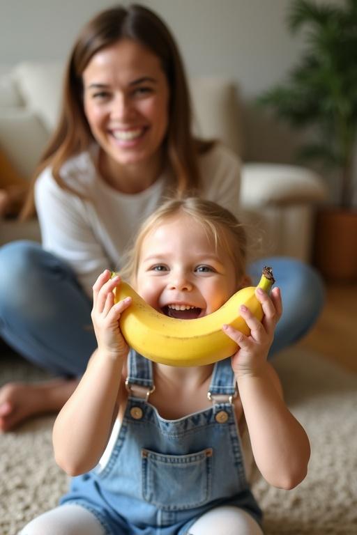 A mother and daughter engage in a playful moment indoors. The mother sits with hands behind her back. The daughter lifts a banana, holding it with both hands. The banana is in the child's mouth, creating a fun scene. The atmosphere feels cheerful and lively, showcasing family interaction.