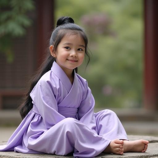 Petite girl sits in a feudal garden. She wears light purple clothes. Hair is tied and glossy. She smiles joyfully. Setting has natural light. The image feels nostalgic and captures a blend of history and realism.