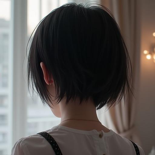 Back view portrait of a Japanese girl with dark short hair. Age around 18. Ultra realistic style in high resolution. Natural light ambiance with a soft background.
