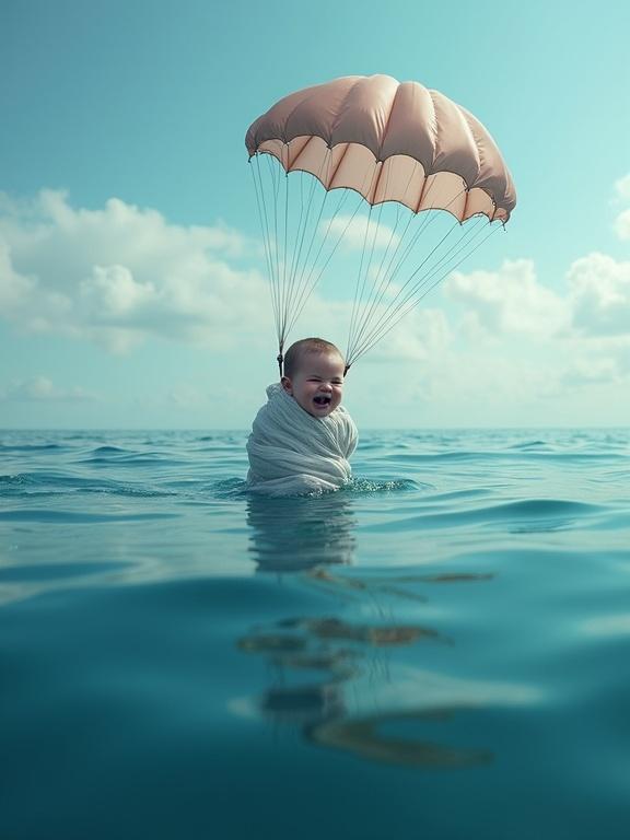 Swaddled baby is crying and suspended by parachute above calm ocean. Baby is about to land in water with soft blue tones reflecting sky. Image conveys vulnerability and dramatic ocean adventure.