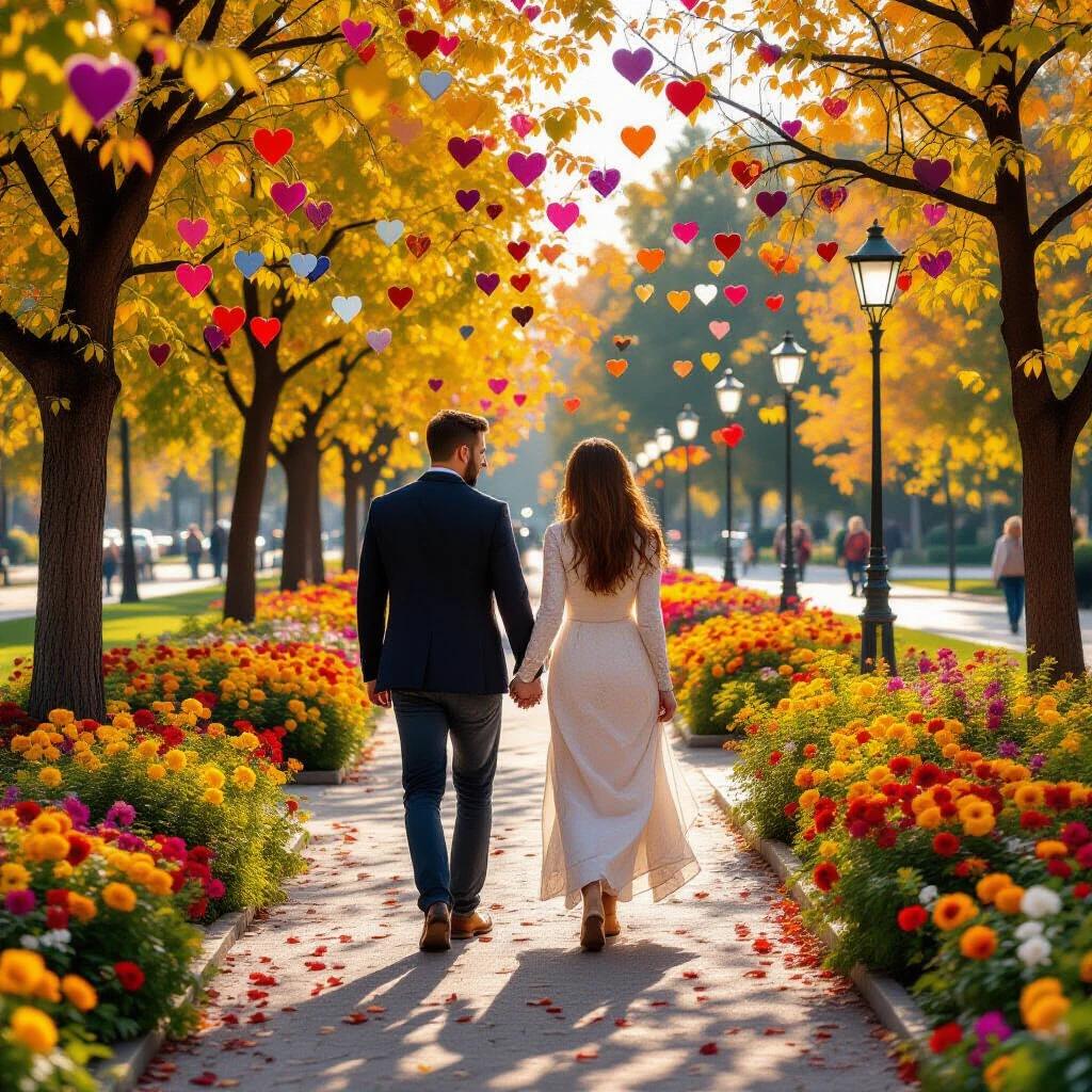 Image of a romantic couple walking in a park surrounded by colorful flowers and bright hearts. The scene is lively and filled with autumn vibes. Real-life setting with high resolution.