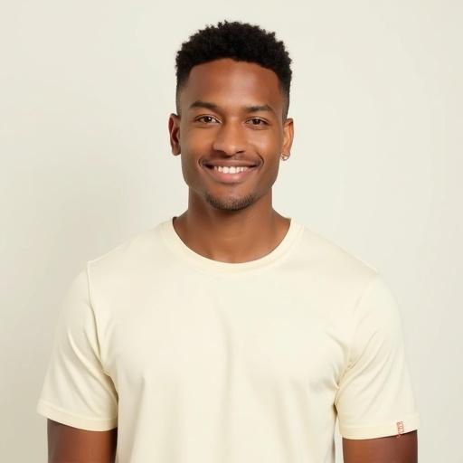 High resolution photorealistic portrait. Male with short hair in cream-colored short-sleeve t-shirt. Full frontal view. Clean-shaven. Subtle smile. Looking into the camera. Soft, even lighting. Simple solid background. Sharp details and realistic skin tones.