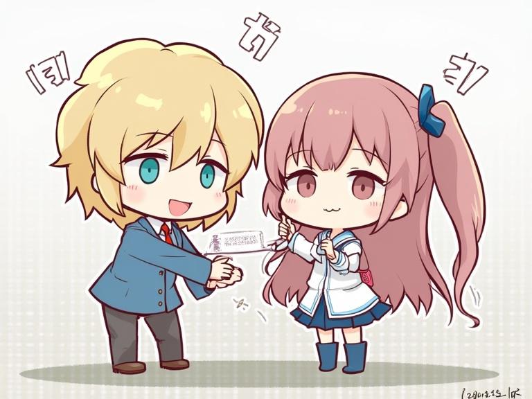 anime-style illustration featuring two characters a boy with blond hair in suit a girl with pink hair in school uniform both smiling and interacting