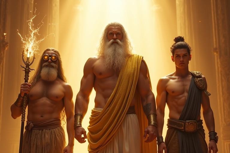 Mythological trio of gods in a divine hall. Zeus, tall and muscular, with a white beard. Hephaestus, muscular blacksmith with soot marks. Hermes, athletic with winged accessories. All illuminated by golden divine light, showcasing drama and contrast.