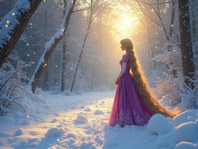A princess in a pink gown stands in a snowy forest at sunset. Long golden hair flows behind her.