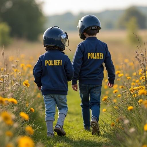 Children wearing police uniforms running happily in a field of flowering plants.