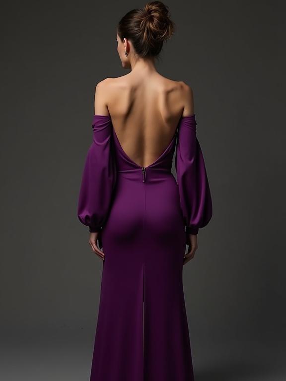 A young Irish woman models a deep violet evening gown. The gown has an elegant design with a low neckline and long sleeves. The back of the gown is low cut, revealing smooth skin. The skirt has a side slit showing off a muscular thigh. This dress enhances the model's strong and graceful features.