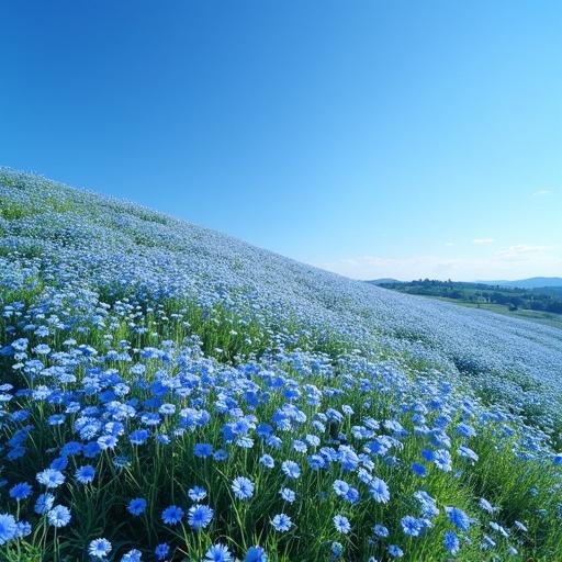 Photo of gently sloping hill with nemophila flowers blooming densely. Background features a deep blue summer sky.