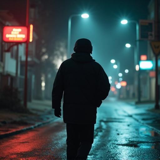 Man in black helmet and black suit walking on a rainy city street at night with litter around