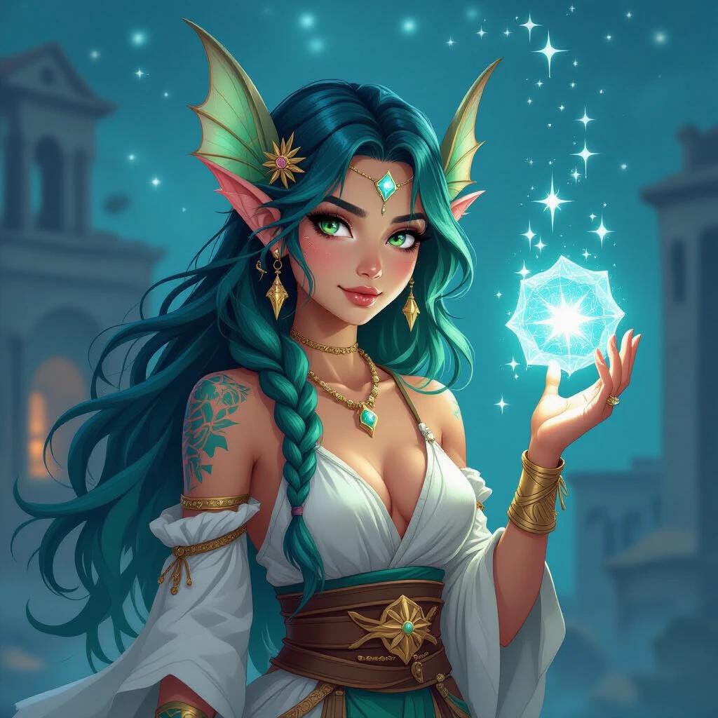 Gritty stylised fantasy portrait of a late teenaged Triton fish-person female with sharp finned ears and green-blue scaled skin from a harsh Grecian port city. She wields magic with a constellation-like crystal and wears cute, soft Ancient-Greek-Fantasy clothing, showcasing long, slick-backed green-blue hair. The atmosphere hints at diving among the stars, reflecting her sweet merchant girl persona, possessing plain features.