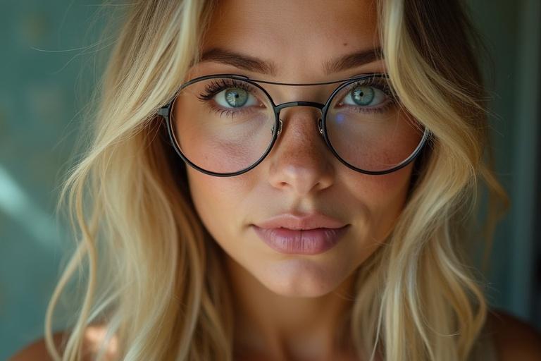Blonde woman with freckles wearing glasses. She has green and blue eyes. The body type is average. Hair is styled in loose waves. Background is softly blurred for focus on the model.