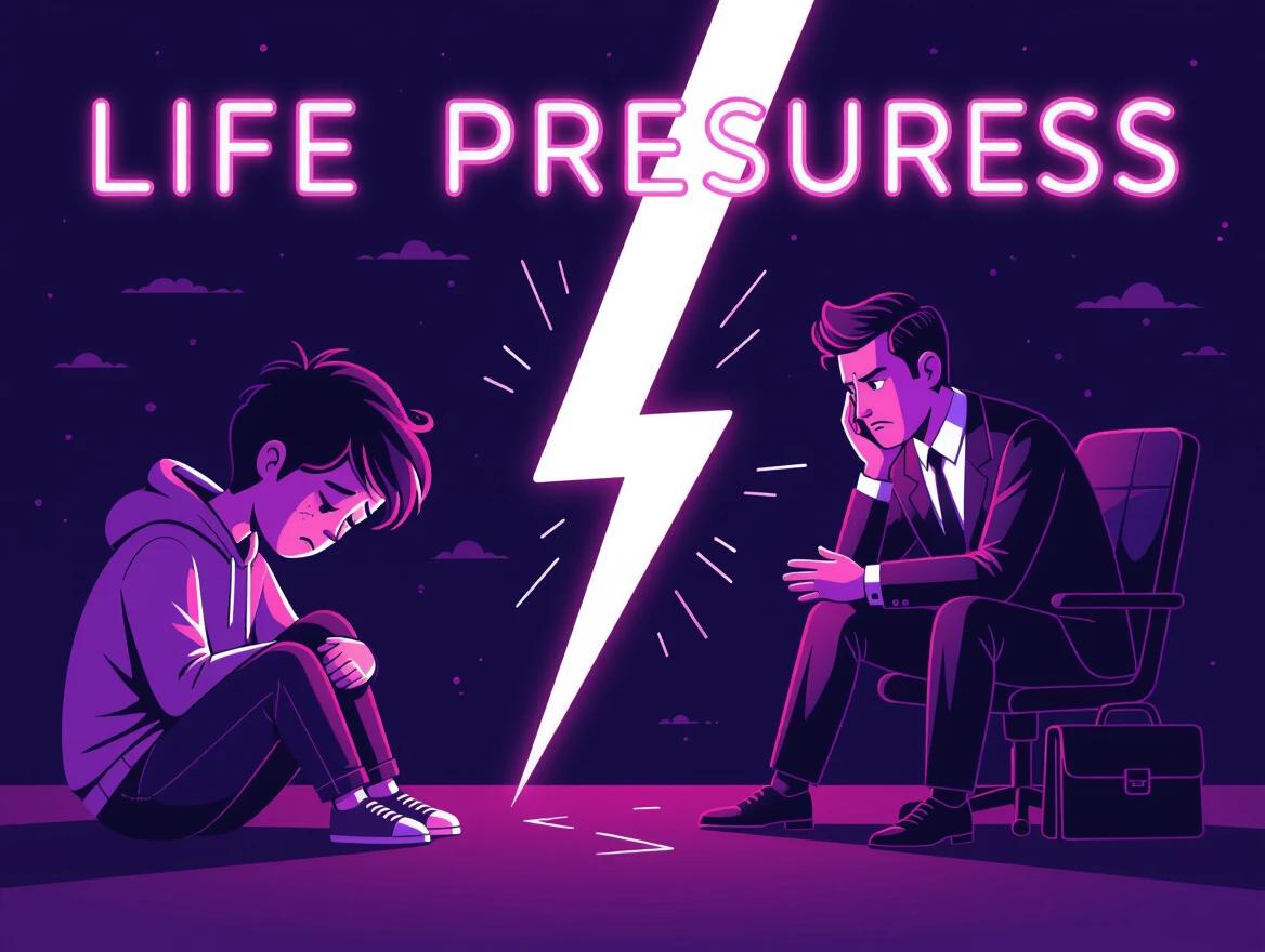 A 2.5D illustration in soft neon colors. A sad young person on the left. A frustrated businessman on the right. A lightning bolt separates them. Cyberpunk-inspired style for a clean look.