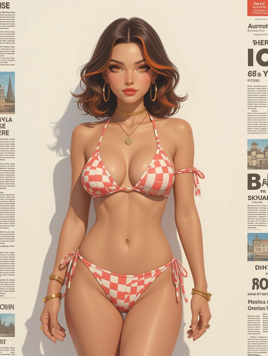 A striking androgynous woman in a checkered bikini against a white background. Features medium brown hair with orange highlights and orange eyes. Adorned with jewelry. Quality digital rendering in high resolution. Incorporates mixed media elements like newspaper and origami. Uses 3D techniques to enhance depth and texture. Magical and evocative composition.
