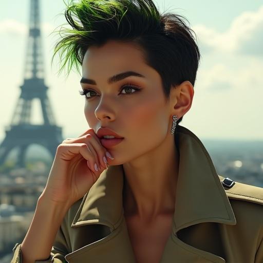 Ultra realistic digital painting of an elegant woman with defined cheekbones and spiky short hair with neon green tips. She wears a long trench over a cocktail dress. Her chin rests on her hand conveying a thoughtful mood. Subtle view of the Eiffel Tower is in the background. Painterly light with soft transitions and depth of field creates a high detail portrayal of facial features and hair. The artwork embodies a fashion editorial style reminiscent of Vogue magazine, with slight painterly texture and soft outlines.