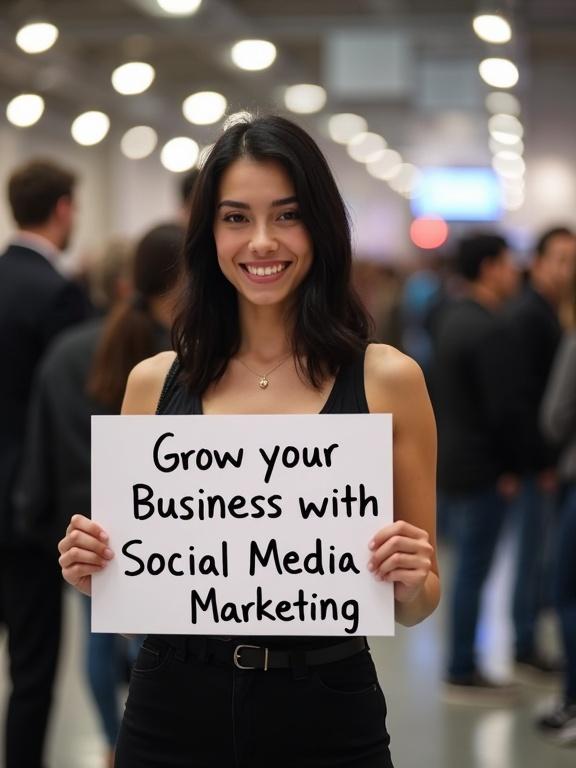 Young woman with black hair holds a sign that says 'Grow your Business with Social Media Marketing' in a busy setting filled with people.