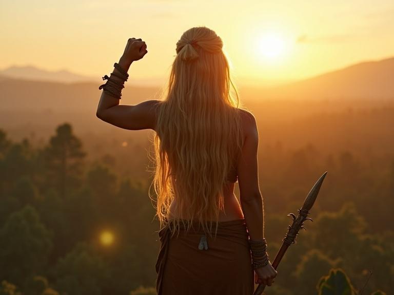 View from below of a young blonde warrior woman atop a sacred plateau. She watches the dawn break over a jungle. Her fist is raised in a gesture of victory. Long hair is unkempt and damp. Skin is sun-kissed and gleaming in golden light. She holds a carved bone staff. Leather garment clings to her athletic form. Her expression is serene and powerful.