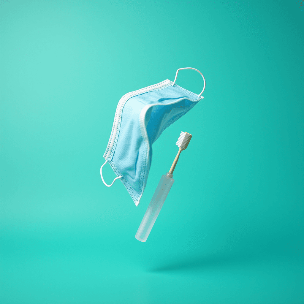 A blue face mask and a toothbrush with a transparent case creatively floating against a teal background.