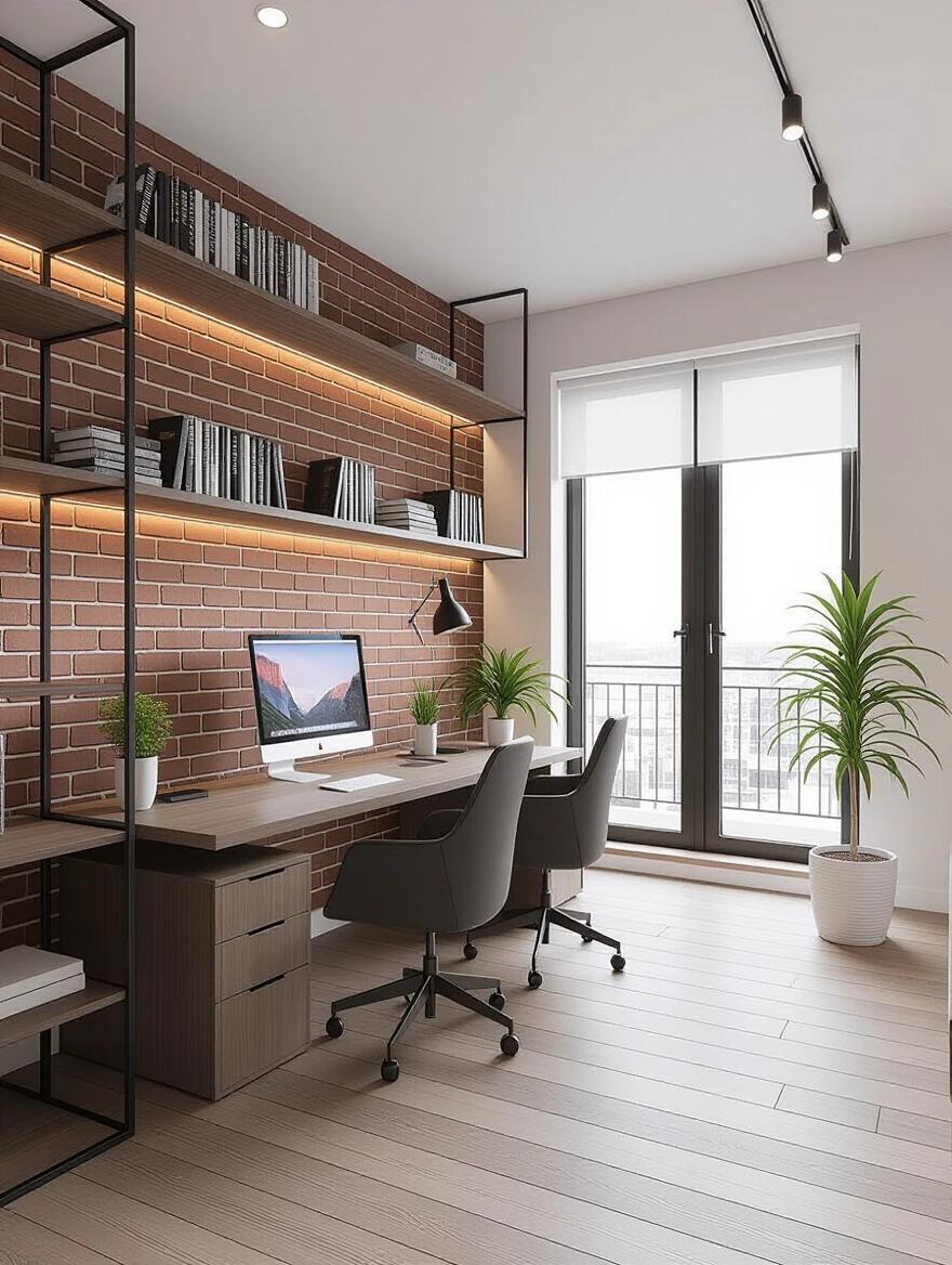 Interior design of a modern office setup. Open layout with a desk and two gray chairs. Large window allowing for natural light with potted green plants. Brick wall for added character and wooden shelving with books.