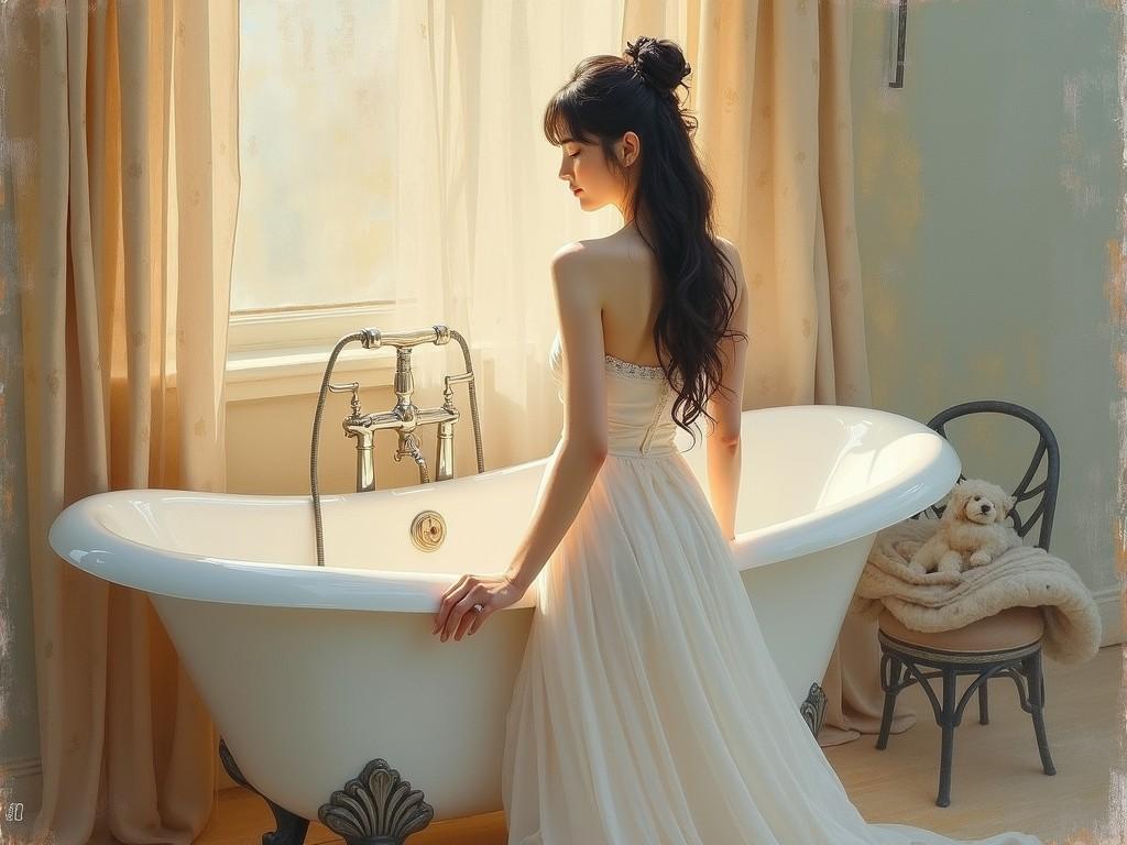 A woman in an elegant white gown leans over a vintage, clawfoot bathtub, bathed in soft, warm sunlight streaming through a large window. The gentle lighting highlights her long, wavy hair, creating an atmosphere of tranquility and introspection. A small chair with a plush teddy bear adds a touch of warmth and nostalgia to the serene scene.