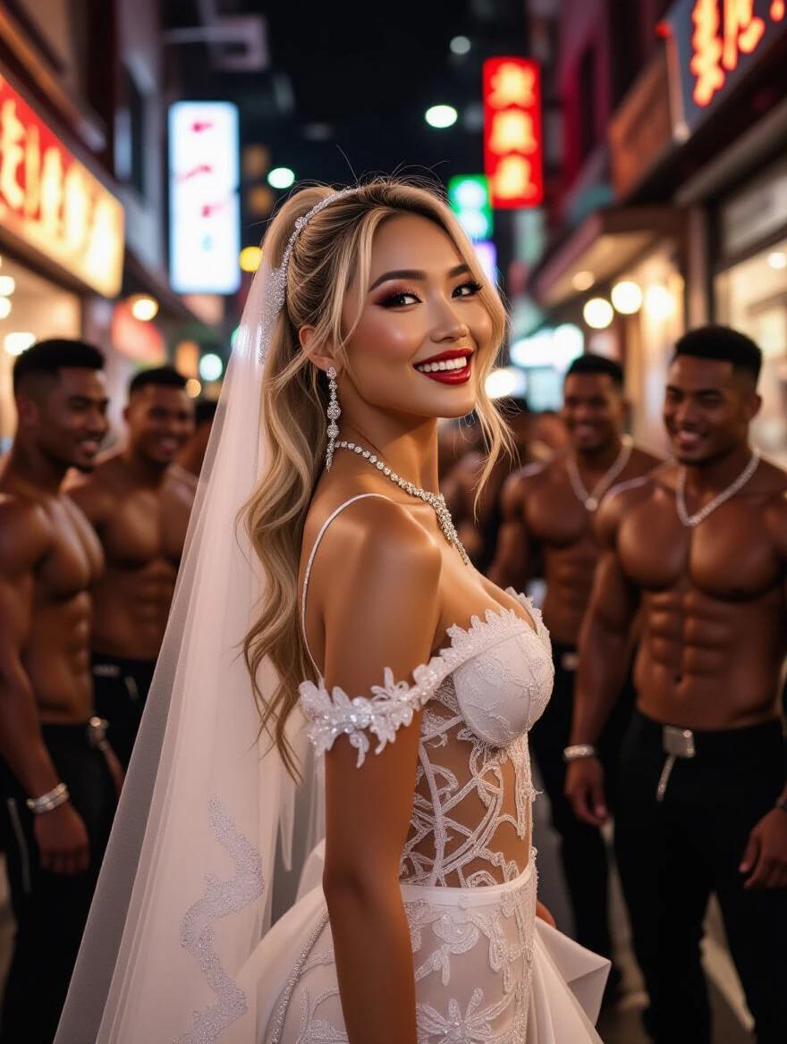 Asian model in wedding lingerie and a veil stands in a narrow cyberpunk street. Model has a high blonde ponytail and wears lots of crystal jewelry. Bright makeup adds to her look. Model laughs and bends to the side. She faces a group of muscular black friends in the background.