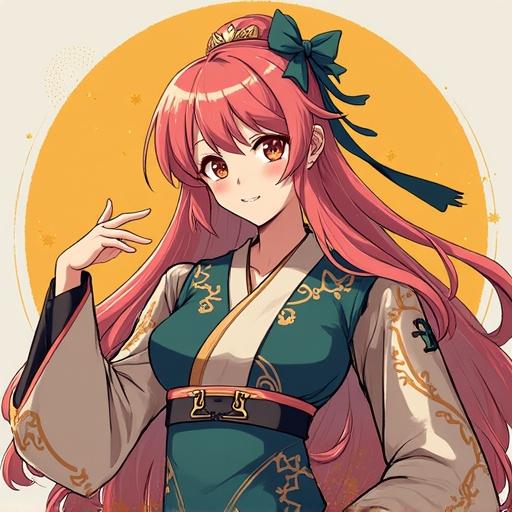 Anime character with long pink hair and green attire. She wears a hair bow and has a friendly expression. The background is a soft circular design.
