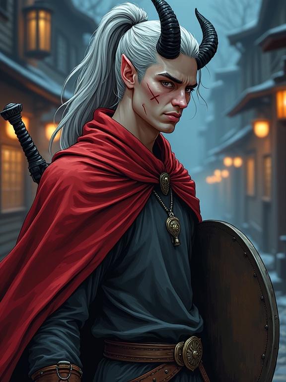 Full-length portrait of a male tiefling with ash-gray skin and amber eyes. Long silver hair tied in a high ponytail. Curved black horns arching backward. Wearing a red cloak and chainmail t-shirt. Longsword on a belt. Long shield and leather boots. Set in a stylized night scene with cold lighting. Non-photorealistic illustration with soft shading.