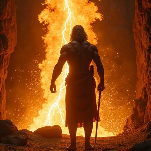 Inside a volcanic forge mountaintop. Molten gold flows in channels. Zeus stands shirtless. Muscles glisten with sweat. Forging thunderbolt with bare hands. Sparks explode around him. Lightning veins pulse in arms. Sky roars as thunderbolt ignites.