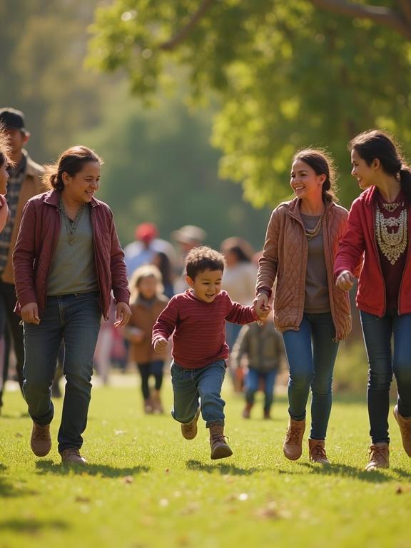A vibrant park scene in Bolivia. Happy families and friends enjoying the outdoors. Adults are laughing. Children are running and playing. The image captures a joyful and colorful atmosphere. Traditional clothing details are present. Natural sunlight enhances the scene.