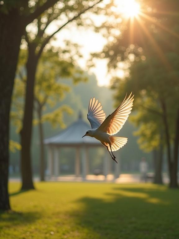 A bird flying forward from inside a park during the bright morning. The scene includes trees and a pavilion roof in the background. Soft morning light enhances the cinematic depth. Realistic motion blur is present. The focus is solely on the bird without showing its torso, tail or full body, keeping consistent throughout the scene.