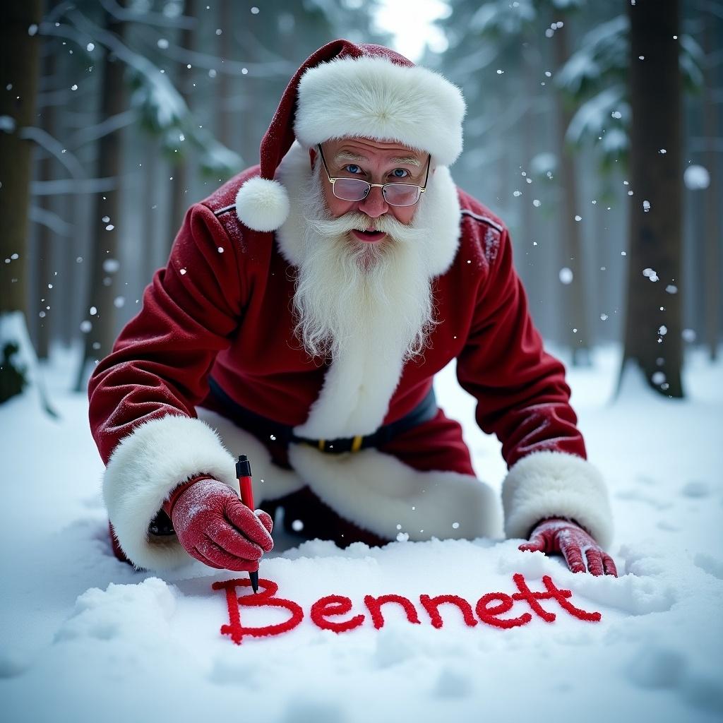 Santa kneeling in snowy forest. He writes the name Bennett in snow using red marker. Snowflakes fall gently creating magical atmosphere. Scene captures Christmas essence with personalized touch. Long white beard and glasses add classic appeal.